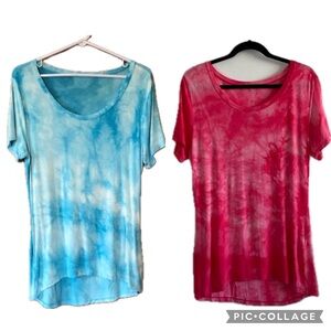 TAHARI Tie Dye Scoop Neck Hot Pink and Turquoise Soft T-shirts (2)